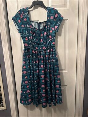 Vintage teal & pint Camping Print dress
